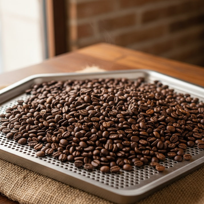 Freshly hand roasted coffee beans cooling at an independent Milton Keynes roastery