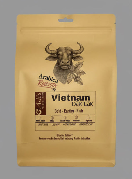 Brown coffee bag with a cow illustration and text on a white background